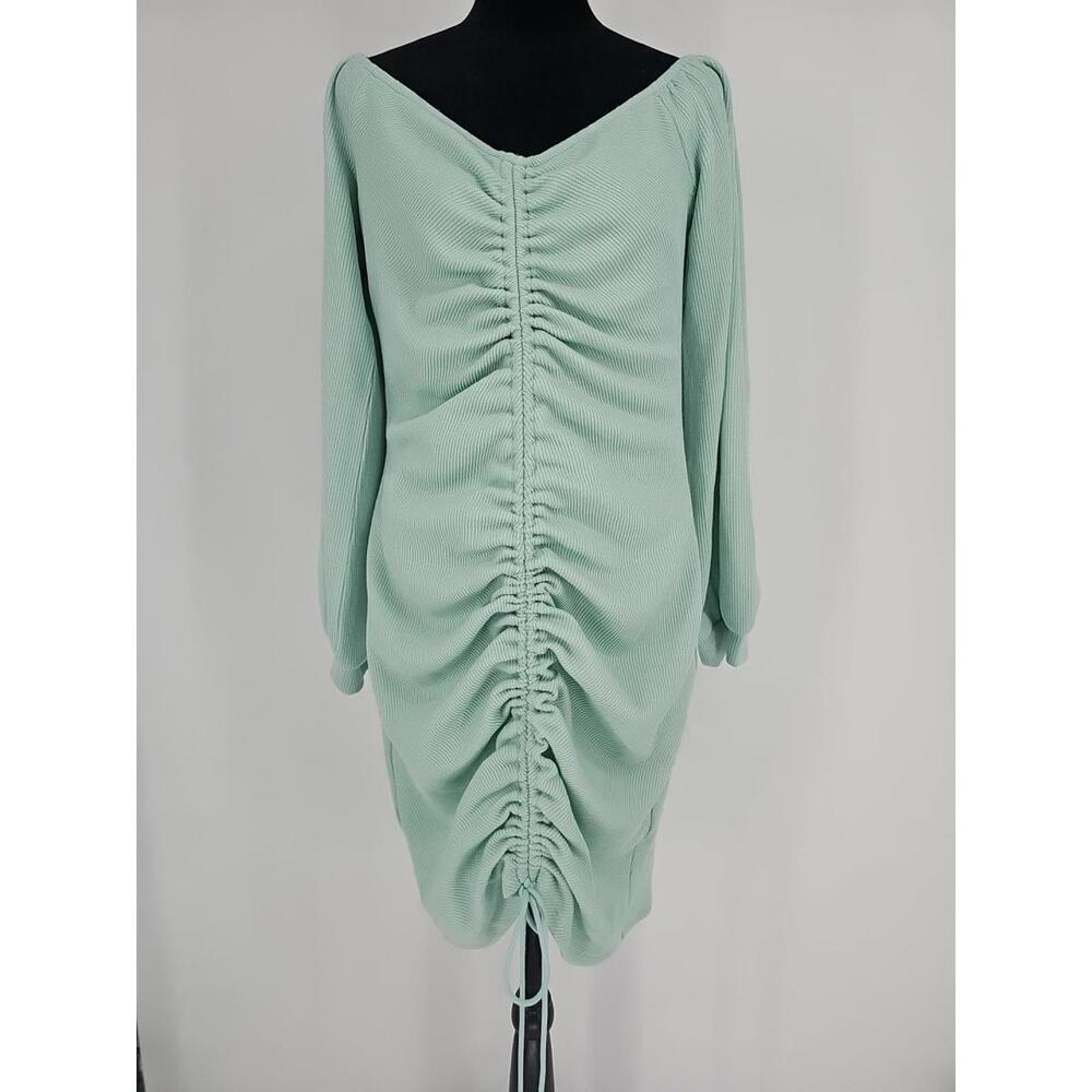 Bebe Off Shoulder Ruched Front Midi Dress Mint Green Size XL Retail $129